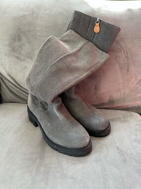 gentle souls Gray Suede Mid-Calf Heeled Boots